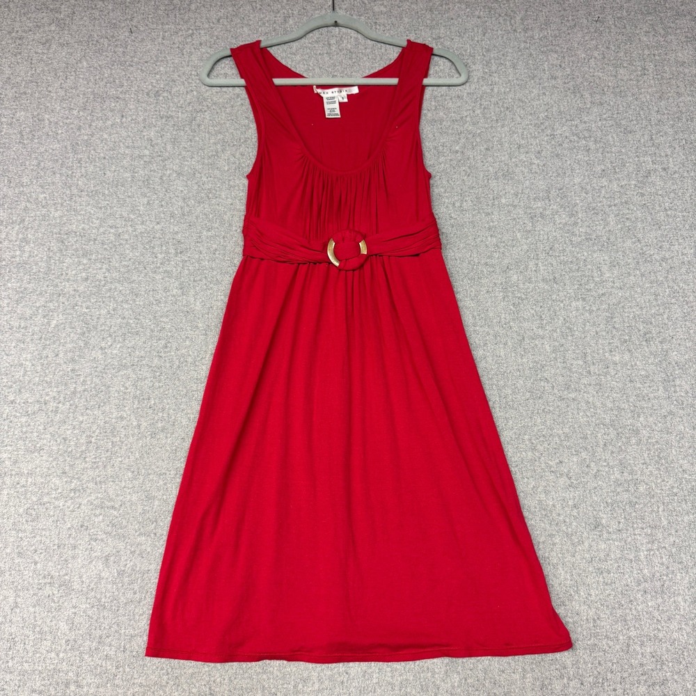 Max Studio Sleeveless Empire Waist Knit Dress S Red Ring Buckle Pleated 1901T57